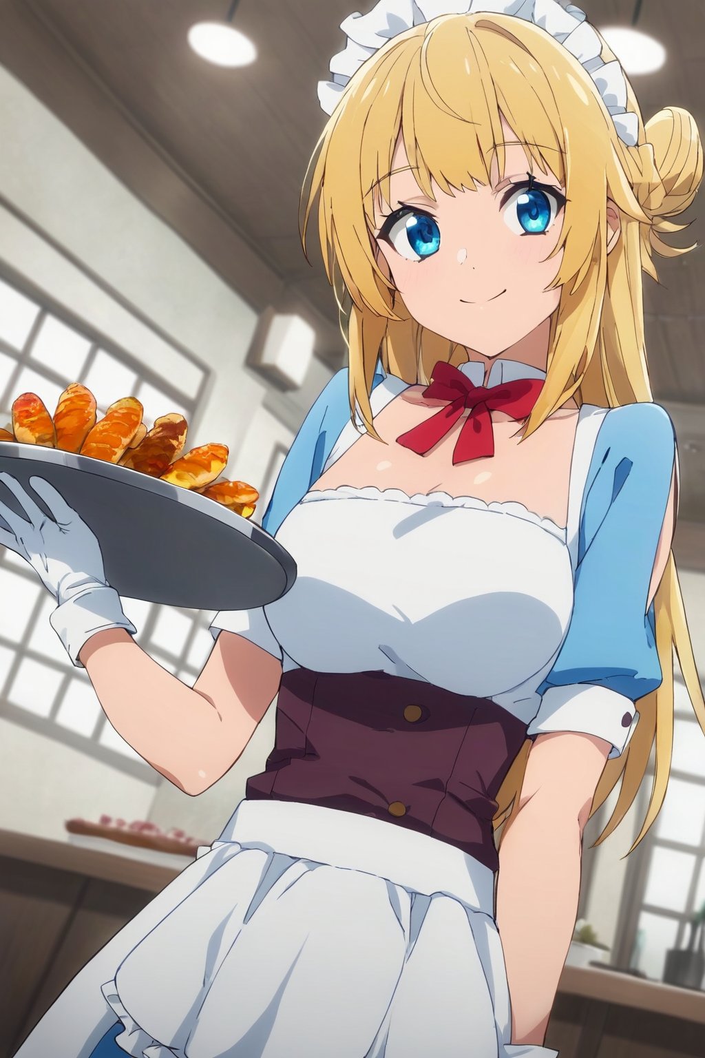 score_9, score_8_up, score_7_up, score_6_up, score_5_up, score_4_up, source_anime,ritto, single hair bun, 1girl, solo, smile, apron, blue shirt, blue skirt, frilled apron, frills, gloves, head scarf, shirt, short sleeves, skirt, uniform, waist apron, waitress, white apron, white gloves, food, tray, food tray, indoors, restaurant, looking at viewer, dutch angle, cowboy shot,masterpiece, perfect face, best quality, beautiful girl, cute girl, beautiful eyes, shiny eyes, anime coloring, anime screencap, absurdres, award winning,<lora:ritto s2 nai 904:0.8>