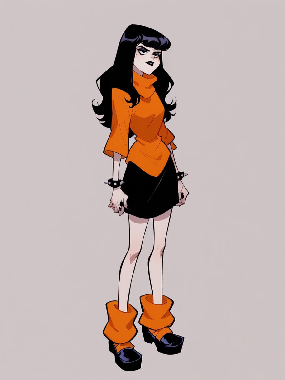 score_9, score_8_up, score_7_up, score_6_up, <lora:sc00byXLP:1> sc00by, 1girl, flat color, scooby-doo, goth, long black hair,