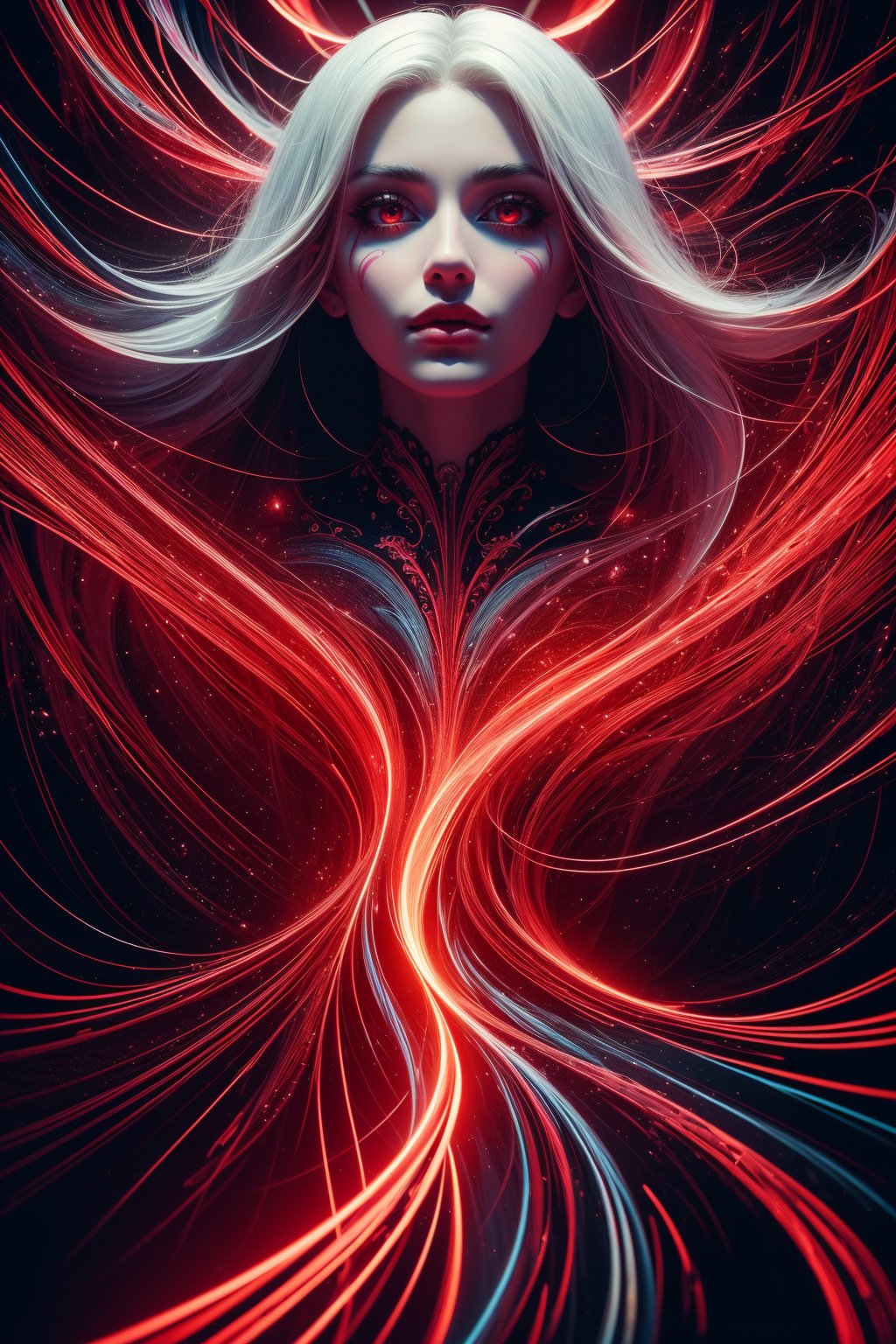 Realistic, (Masterpiece, Top Quality, Best Quality, Official Art, Beauty and Aesthetics: 1.2), Very Detailed, Fractal Art, bzwaves, glowing, light trails, flowing red lines, Colorful, Most Detailed, Zentangle, (Abstract Background: 1.5), 1girl, Goddess, divine, mystical, White Hair, (Glowing Red Eyeysteriouagic)<lora:EMS-306342-EMS:0.700000>