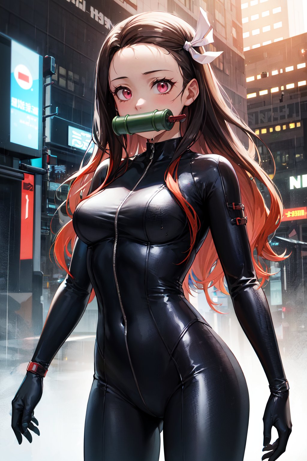 masterpiece, best quality, highres, aanezuko, long hair, multicolored hair, hair ribbon, bit gag, mouth hold, <lora:kamado_nezuko_v1:0.7>, cyberpunk, standing, cowboy shot, bodysuit, wet, rain