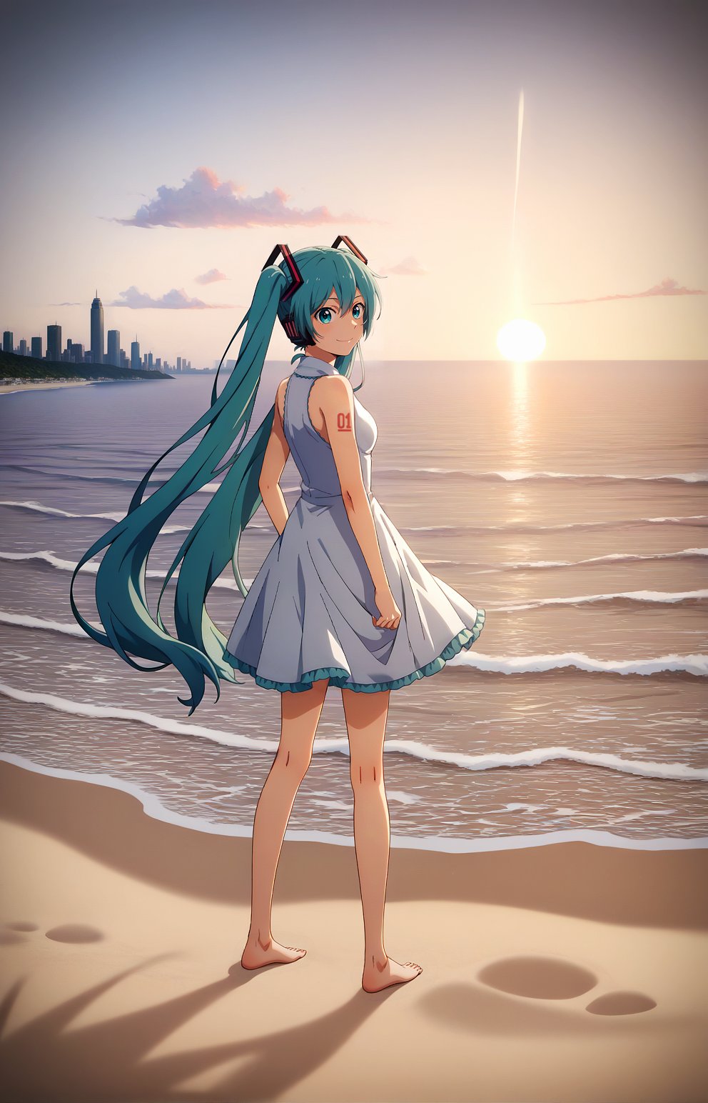 score_9, score_8_up, score_7_up, BREAK source_anime, 1girl, hatsune miku, full body, scenery, smile, ocean, sunset, city, barefoot, footprints, sand, white dress, from back, looking at viewer, looking back, silhouette, wading, standing on liquid