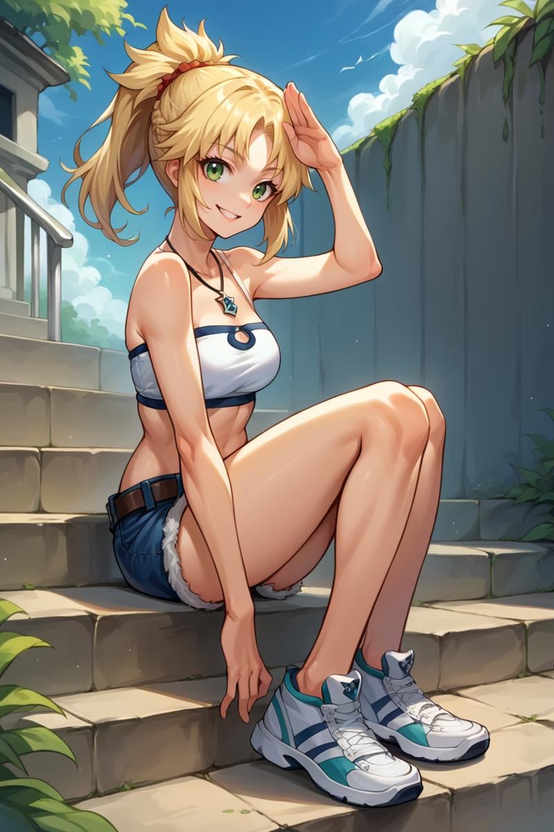 score_9, score_8_up, score_7_up, score_6_up, source_anime, BREAK 1girl, solo, <lora:mordred-pdxl-nvwls-v1-000005:1> casualMord, blonde hair, green eyes, ponytail, necklace, white tube top, strapless, bare arms, midriff, belt, short shorts, denim shorts, sitting, from side, sneakers, salute, blue sky, stairs, looking at you, medium breasts, happy