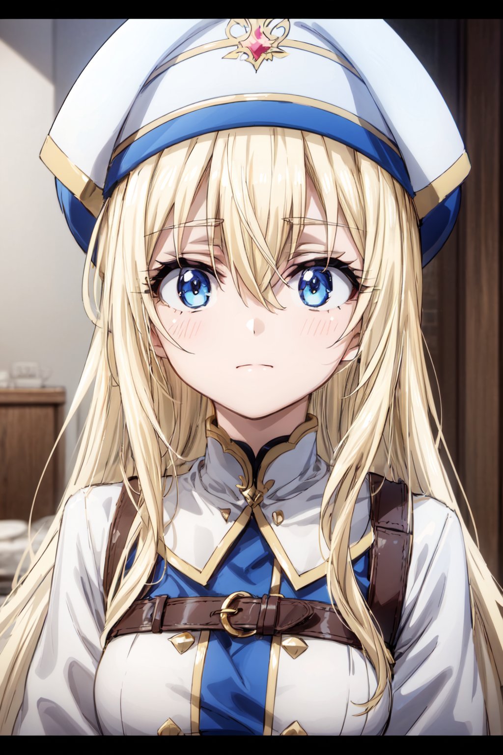 1girl, solo, long hair, bangs, blue eyes, blonde hair, hat, hair between eyes, closed mouth, indoors, parody, letterboxed, anime coloring<lora:EMS-179-EMS:0.500000>, <lora:EMS-1093-EMS:0.300000>, <lora:EMS-80296-EMS:0.800000>