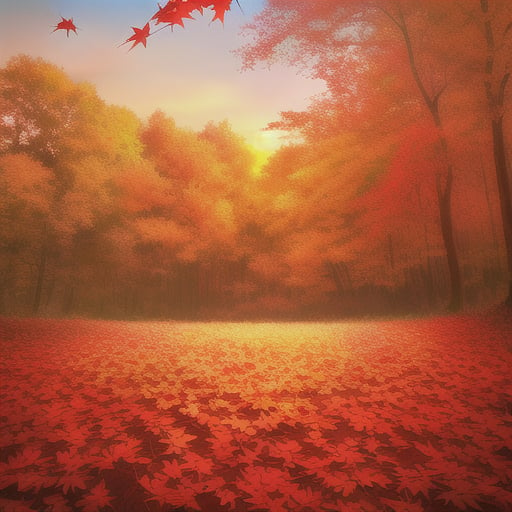 (red leaves:1.5), (vibrant colors), (autumnal beauty), (crimson red), (golden hues), (rustling in the wind), (scattered on the ground), (dancing in the breeze), (sunset glow), (fall atmosphere), (maple canopy), (natural artistry), (breathtaking foliage), (serene backdrop), (nature's canvas), (falling gently), (whispering farewell to summer), (crisp and textured), (autumnal symphony), (warm earthy tones), (seasonal transition)