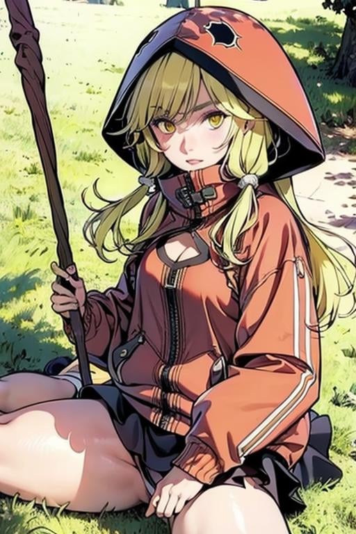 <lora:puluoer-10:0.9>((extremely realistic shading, masterpiece, extremely detailed, photorealistic))Yellow hair, Yellow eyes, Red hoodie, black short skirt,wand,hat,