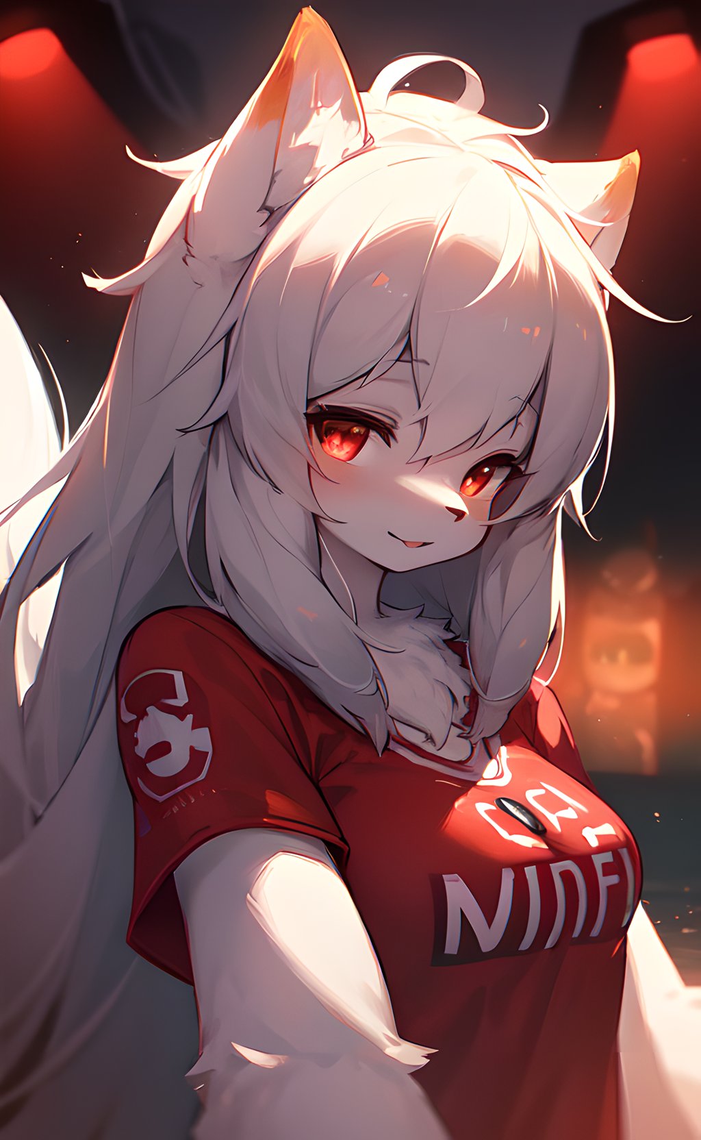 furry, white fur, ultra cute face, red elements on fur, breasts, glowing t-shirt, beautiful lights and shadows, ambient light, ultra detailed fur, volumetric light