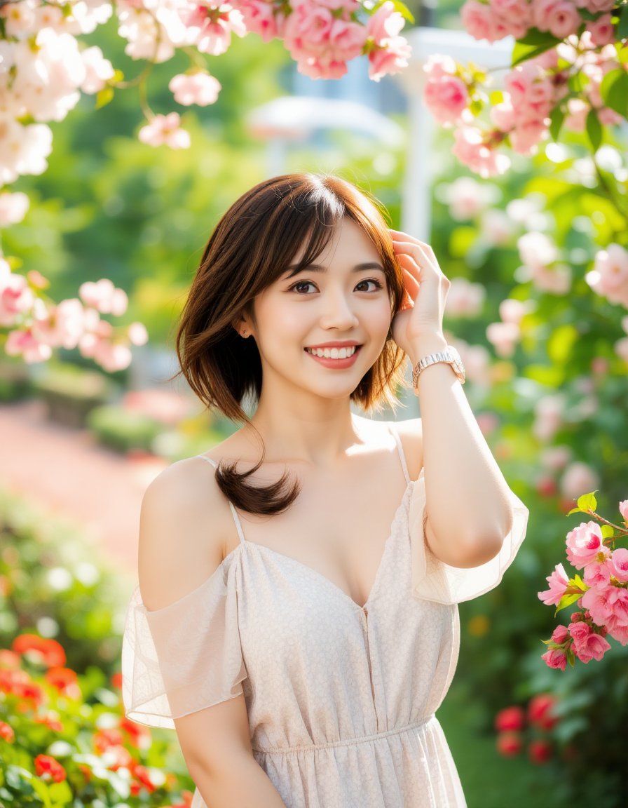 A high-quality photograph of a young woman standing in a vibrant garden, smiling brightly. She has short, wavy brown hair that catches the light, and she is wearing a light-colored, flowing dress with a subtle floral pattern. Her right hand is gently lifted to touch her hair, revealing a delicate wristwatch that adds a touch of elegance to her look. The soft lighting enhances the dreamy quality of the scene, while the sharp focus on the woman emphasizes her joyful expression and graceful pose. The overall mood is one of relaxation and happiness, with the vibrant garden and her radiant smile perfectly capturing the essence of a peaceful, carefree moment. The backdrop is filled with lush greenery and vibrant cherry bloom flowers that frame the scene beautifully, creating a romantic and serene atmosphere  <lora:hinaFluxAsianMixLora-schnell_v2:0.9>