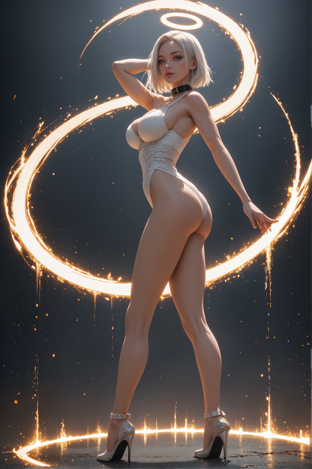 score_9, score_8_up, score_7_up,  1girl, angel, full body, white hair, standing, posing, seductive, large breasts, thighs, slim waist, round ass, looking at viewer, bright particles, darkness, bright red particles, black collar, black theme, detailed background