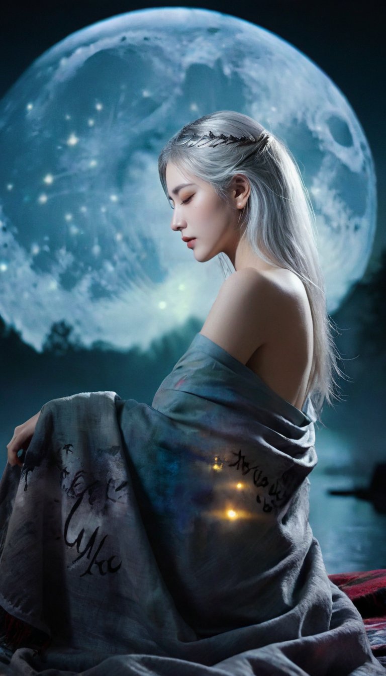 Double Exposure Style,Volumetric Lighting,arching her back,Traditional Attire,Artistic Calligraphy and Ink,light depth,dramatic atmospheric lighting,image combination,fantasy art,Painting,(a blanket:1.3),a woman,silver hair,naked and tender,sleeping,looking a the moon,it is in a Witcher setting,lake and cityscape,ruined city,Fantasy,Back lighting,Colorful,Moon,dreamy magical atmosphere,1girl,