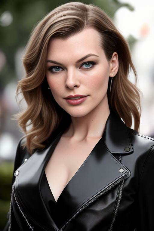 Picture, best quality, portrait photo of beautiful Koh_MillaJovovich, wearing a decorative leather jacket, on a city street, outdoors, looking at viewer, perfect face, perfect eyes, sharp focus