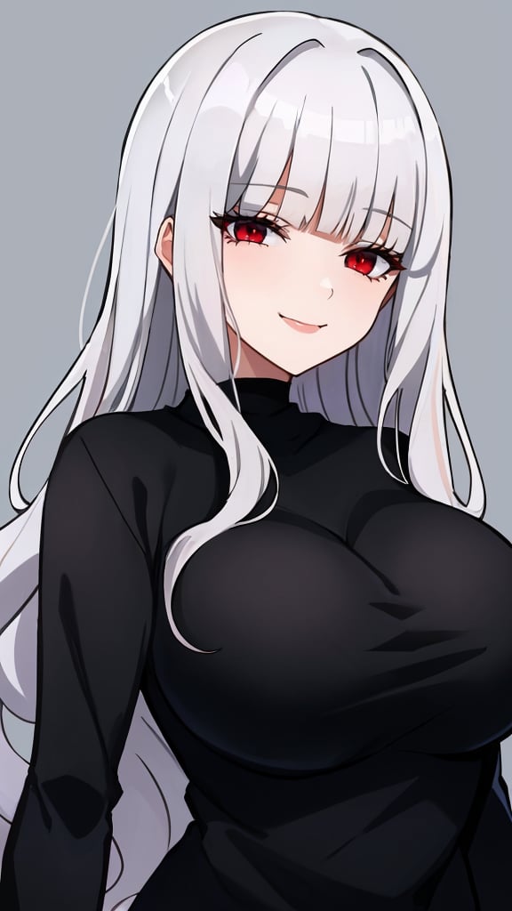 solo,long hair, wavy hair, blunt bangs, hair over eyes, silver hair, red eyes, large breasts, light smile, gothic, black t-shirt, long sleeves,simple background,masterpiece, best quality, absurdres,