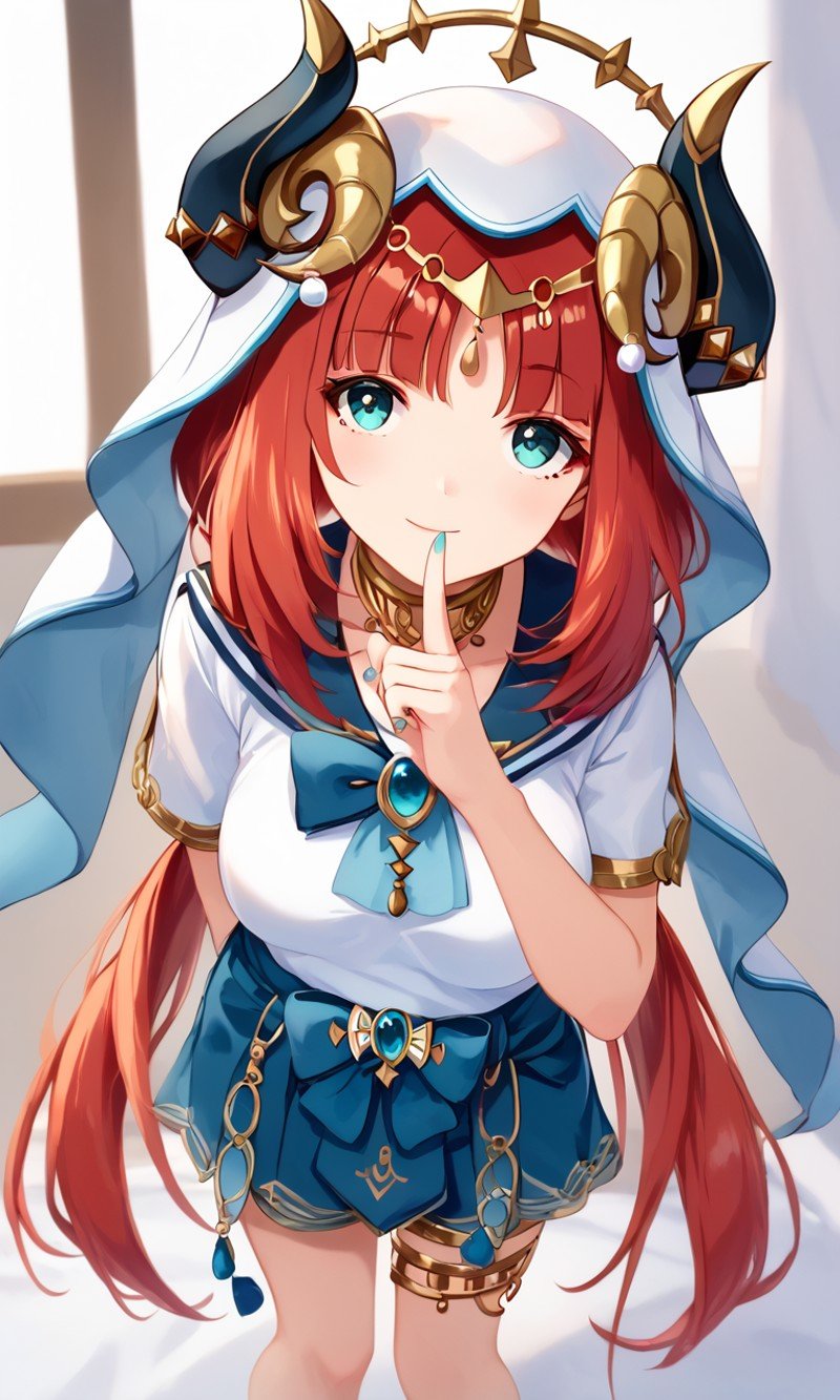 <lora:sdxl-gen-nilou-pony:0.8> gen-nilou, GenshinImpact, 1girl ,aqua eyes, eyeliner, orangered hair, shiny hair, horns, long hair, low twintails, parted bangs, sidelocks, medium breasts, blue nails, circlet, thighlet , neck ring, +++ index finger, viwer, hand focus, look up to, fullbody, cinematic lighting, Ranch, deep red serafuku,  navy  mini  pleated skirt, indigo bow , , happy, :), 