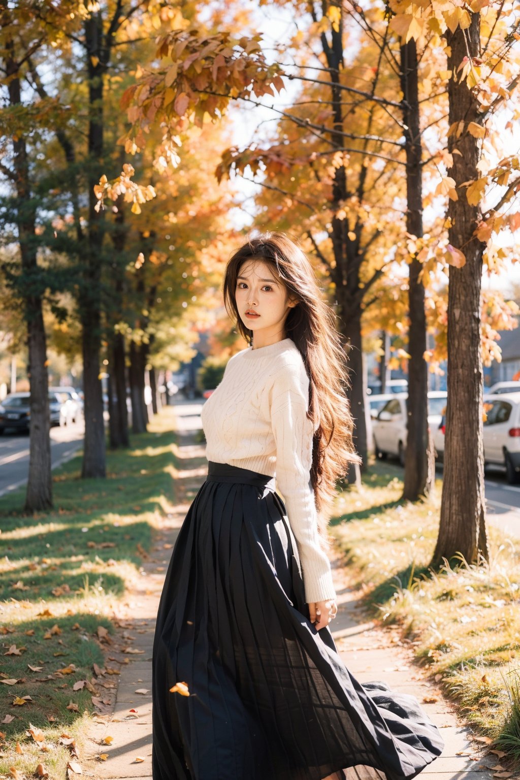 A girl with long hair, waist length black flowing hair, flowing long skirt, big eyes, pink lips, pink cheeks, red lips. Sweater, standing alone in the autumn wind. Everywhere around were dancing ginkgo leaves. Falling leaves, this is a scene of autumn, giving people a sense of tranquility and slightly melancholy. Long hair, sweaters, autumn, wind, ginkgo leaves, loneliness, tranquility, melancholy, black movies.