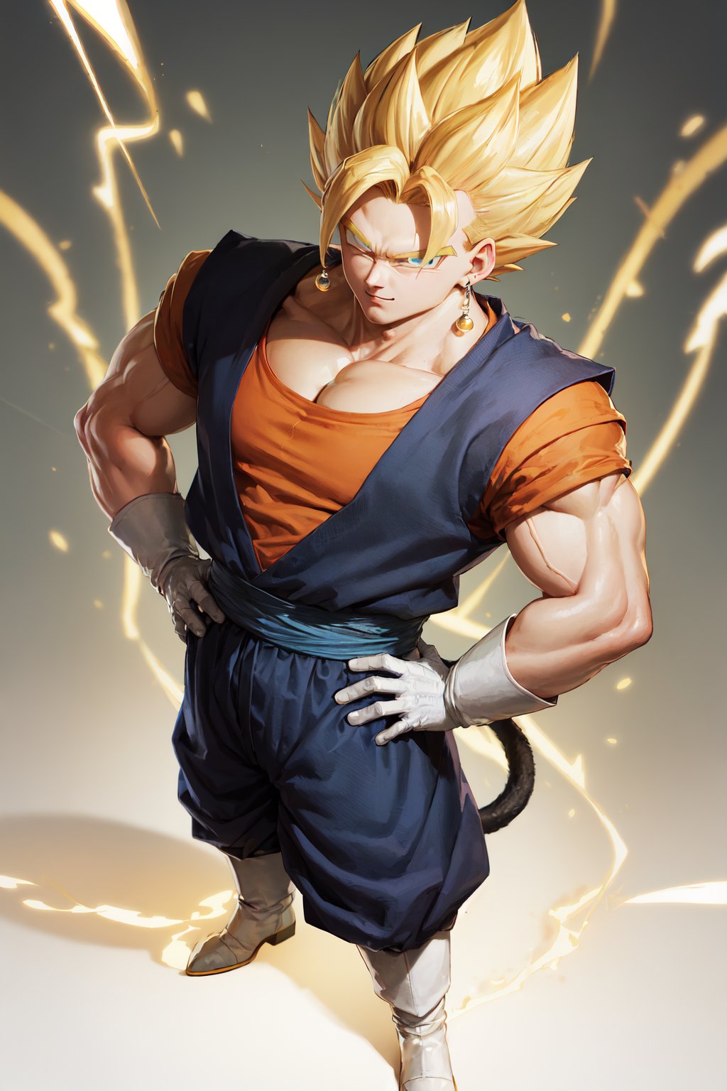 (masterpiece, best quality:1.2), <lora:db_vegetto-10:0.7>, <lora:lightningvfxCreateMore_v1:0.2>, solo, male focus, 1boy, vegetto, super saiyan, grin, looking at viewer, hands on hip, flying, floating, blonde hair, spiked hair, blue eyes, dougi, white boots, white gloves, pectorals, tail, surrounded by yellow lightning