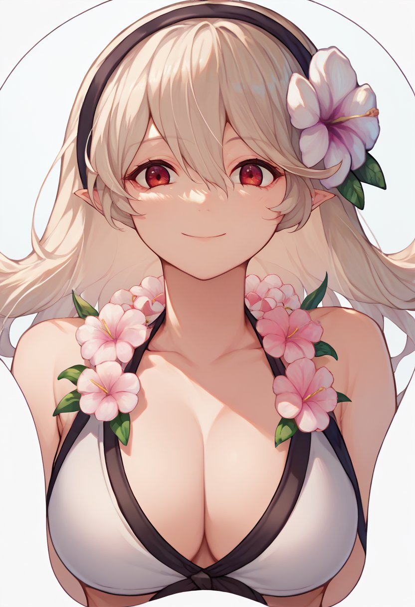 score_9, score_8_up, score_7_up, source_anime, mousepad \(medium\), upper body, cropped torso, white background, solo, 1girl, sumCor, smile, looking at viewer, black hairband, hair flower, flower necklace, bracelet, white bikini, breasts <lora:concept_mousepad_ponyXL:1> <lora:corrin-pdxl-nvwls-v1:1>