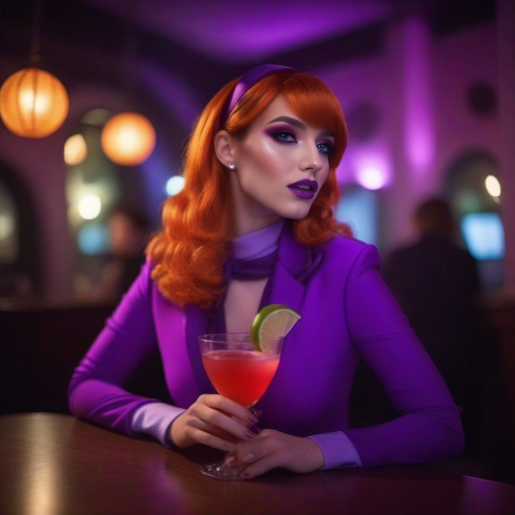 cinematic photo a woman dressed a puple having a cocktail in an haunted pub <lora:DaphneBlake1024:0.8> . 35mm photograph, film, bokeh, professional, 4k, highly detailed