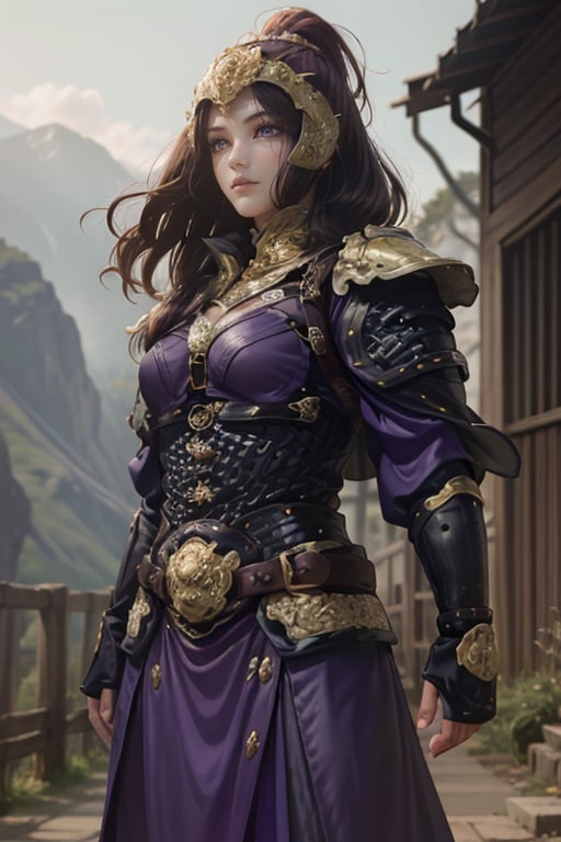 <lora:HXarmour_017:0.8>,mountain, hxarmour,1girl,(dark purple armour:1.3),