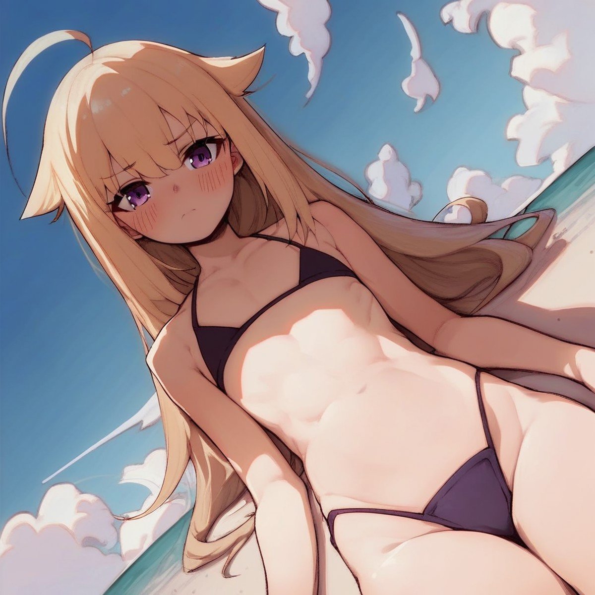 score_9, score_8_up, score_7_up, source_anime, torako, blonde hair, long hair, hair flaps, ahoge, purple eyes, thong bikini, beach, clear sky, clouds, lying, blush, closed mouth, looking at viewer, cowboy shot, dutch angle, solo,