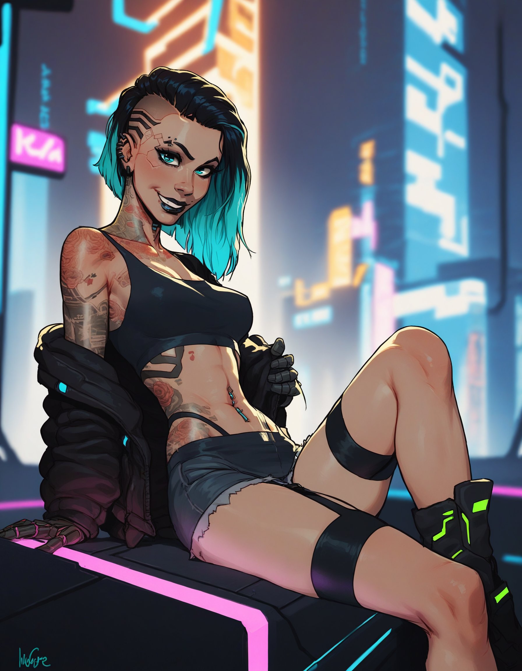 1girl, female, solo,cyberpunk, cyborg, cybernetic implants, science fiction,multicolored hair, looking at viewer, smile, piercings, tattoo,sitting, dangling legs, overlooking city, cityscape, night city, neon lights, blurred background, midriff,BREAKscore_9, score_8_up, score_7_up, source_cartoon, rating_safe<lora:incase_style_ponyxl_ilff_v2:1>
