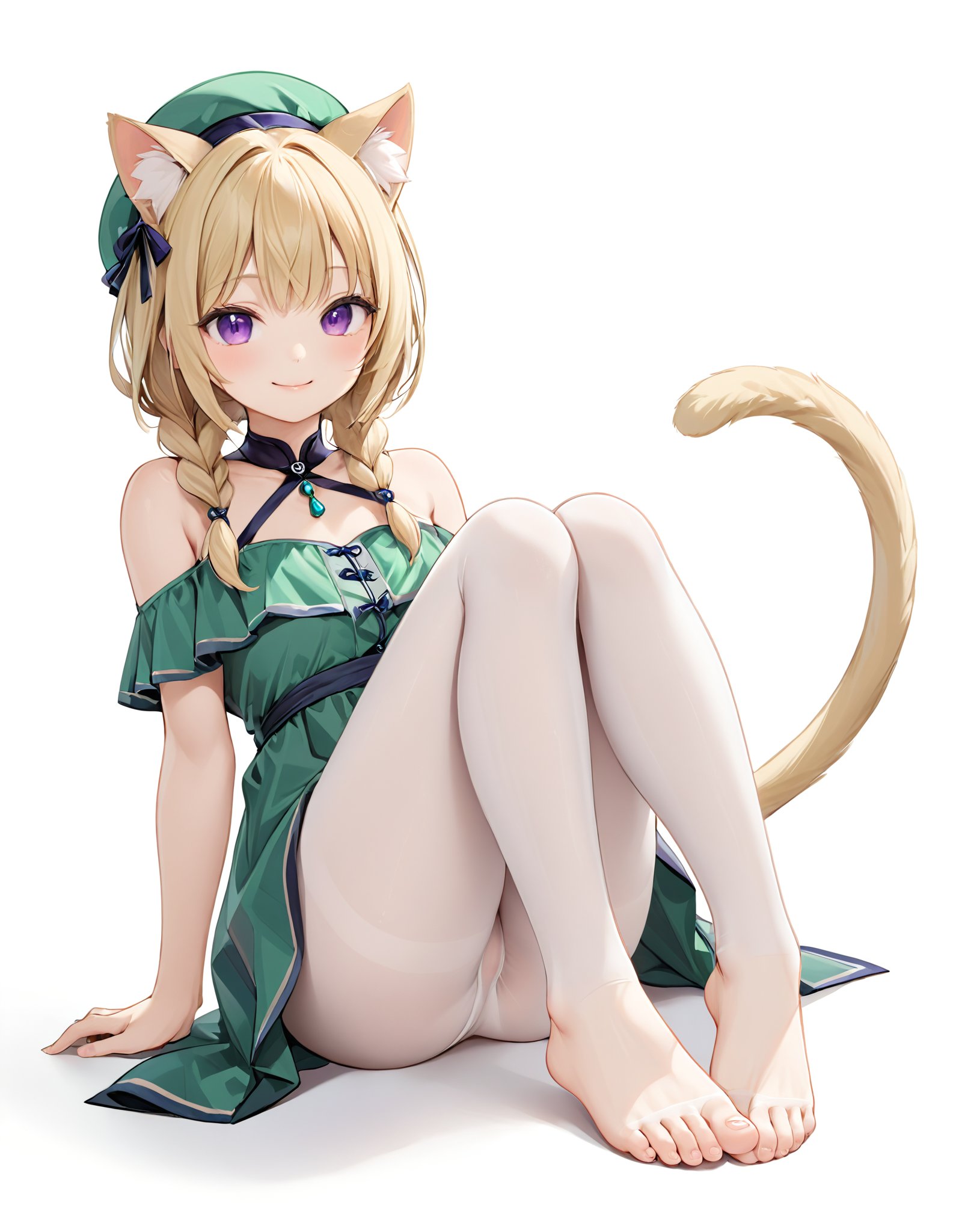 highres,best quality, 1girl, animal ear fluff, animal ears, bare shoulders, barefoot, blonde hair, braid, cat ears, cat girl, cat tail, dress, feet, full body, green dress, hat, legs, looking at viewer, no shoes, pantyhose, purple eyes, simple background, sitting, smile, soles, solo, tail, toes, white background, white dress, white pantyhose