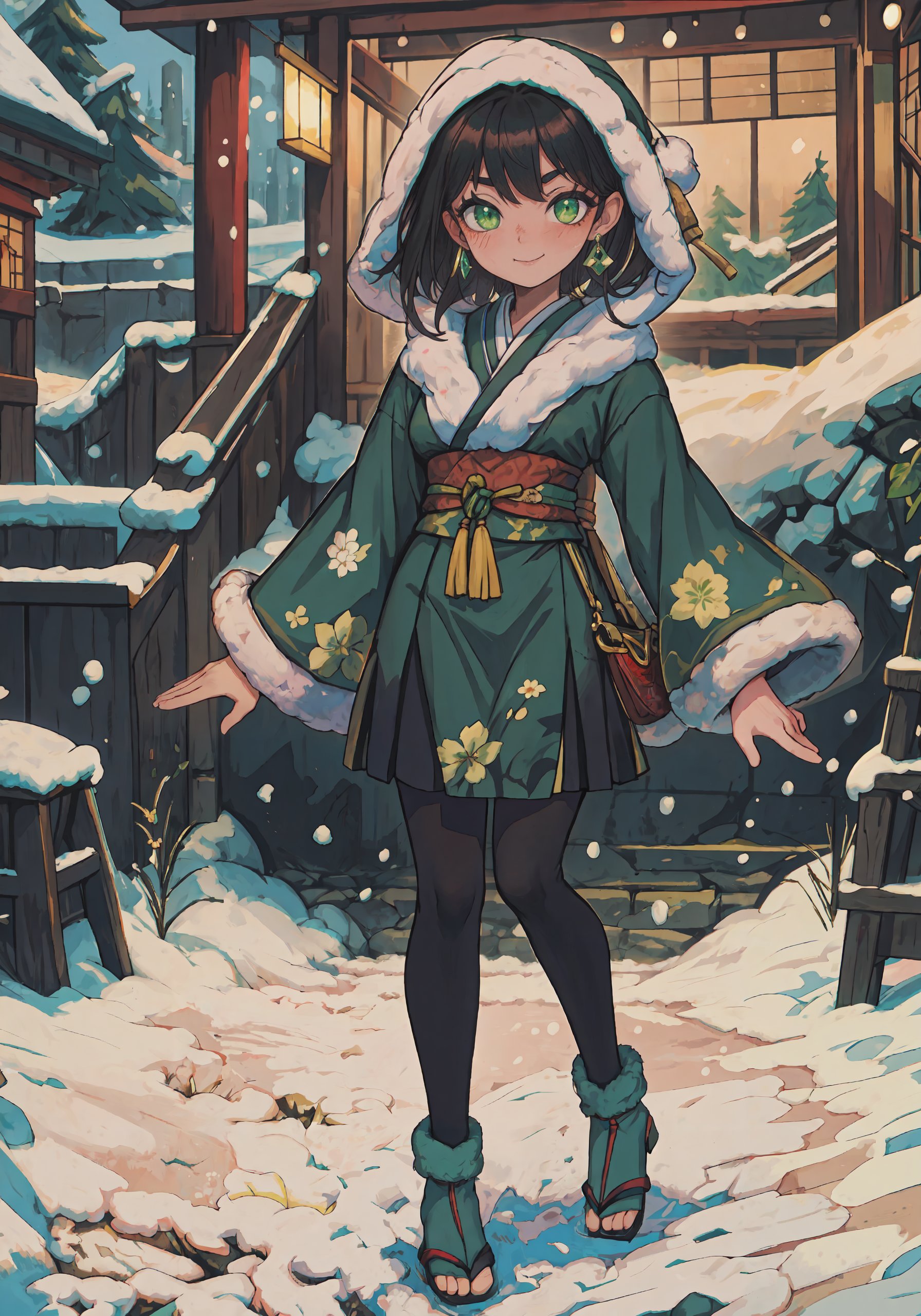 Winter "Feudal-Japan" bashful shy solo upper-body floral-scroll adult-woman manteau long-sleeves black-dress long-skirt green-trim green-lining leggings fur-lining fur-trim black-hair emerald smile green-eyes makeup blush earrings snow full body<lora:kleggs:1.0>