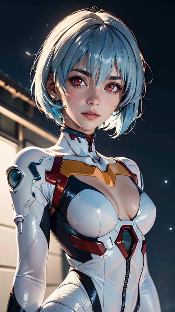 (best quality, masterpiece, colorful, highest detailed) upper body photo, fashion photography of cute (Rei Ayanami), intense-red-eyes, in high detailed textured Evangelion white plugsuit, (light smile:0.3), moonlight passing through light blue hair, (night beautiful background:1.3), (intricate details), (dynamic angle)