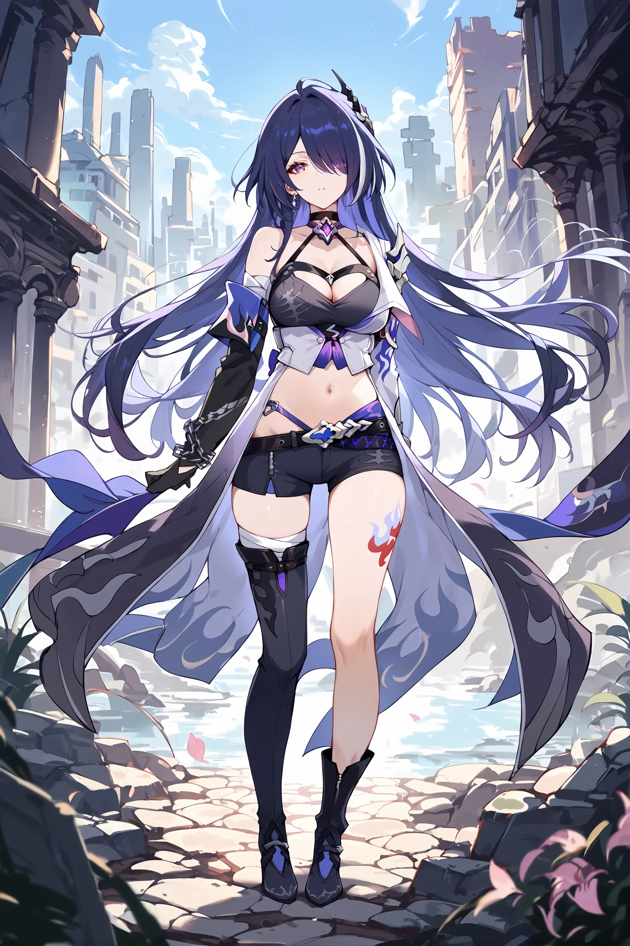 score_9, score_8_up, score_7_up, 1girl, acheron \(honkai: star rail\), solo, long hair, short shorts, leg tattoo, single knee boot, single thigh boot, midriff, black gloves, hair ornament, choker, long coat, single sleeve, single gauntlet, uneven legwear, looking at viewer, city ruins, outdoors, depth of field, full body, looking at viewer, walking  <lora:Char-HonkaiSR-Acheron-Pony-V1:0.9>