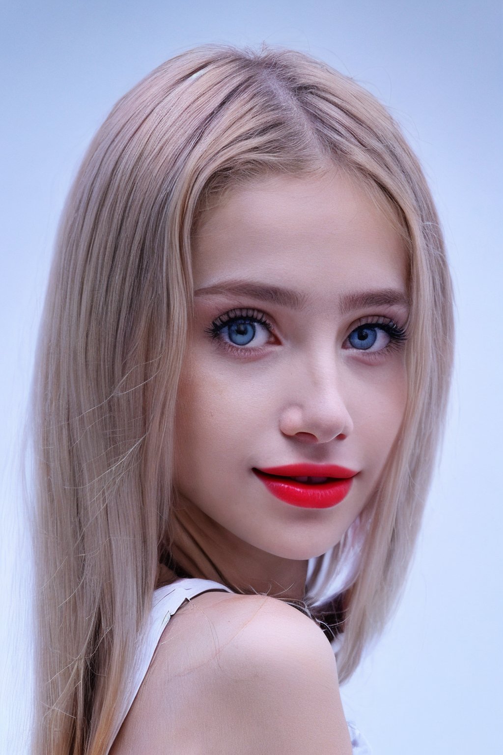 <lora:SC-Lolibela:0.85>, photo of l0l1b3l4, 1girl, petite girl, skinny, pale skin, platinum blonde hair, from side, smile, (modern photo), white shirt, (plain Periwinkle background:1.2), 85mm, film grain, detailed eyes, red lipstick, looking back at viewer, (cinematic shot:1.3), epiCRealism, PA7_Portrait-HL_v2