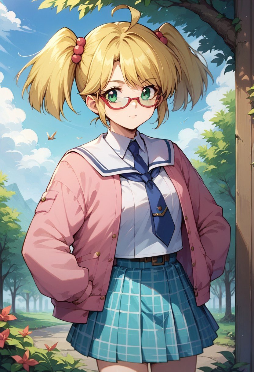 score_9, score_8_up, score_8, score_7_up, source_anime, rebeccahawkins, green eyes, blonde hair, short hair, ahoge, bangs, twintails, hair bobbles, uniform, sailor collar, blue jacket, blue skirt, short skirt, zettai ryouiki, long hair, glasses, necktie, pink jacket, plaid skirt