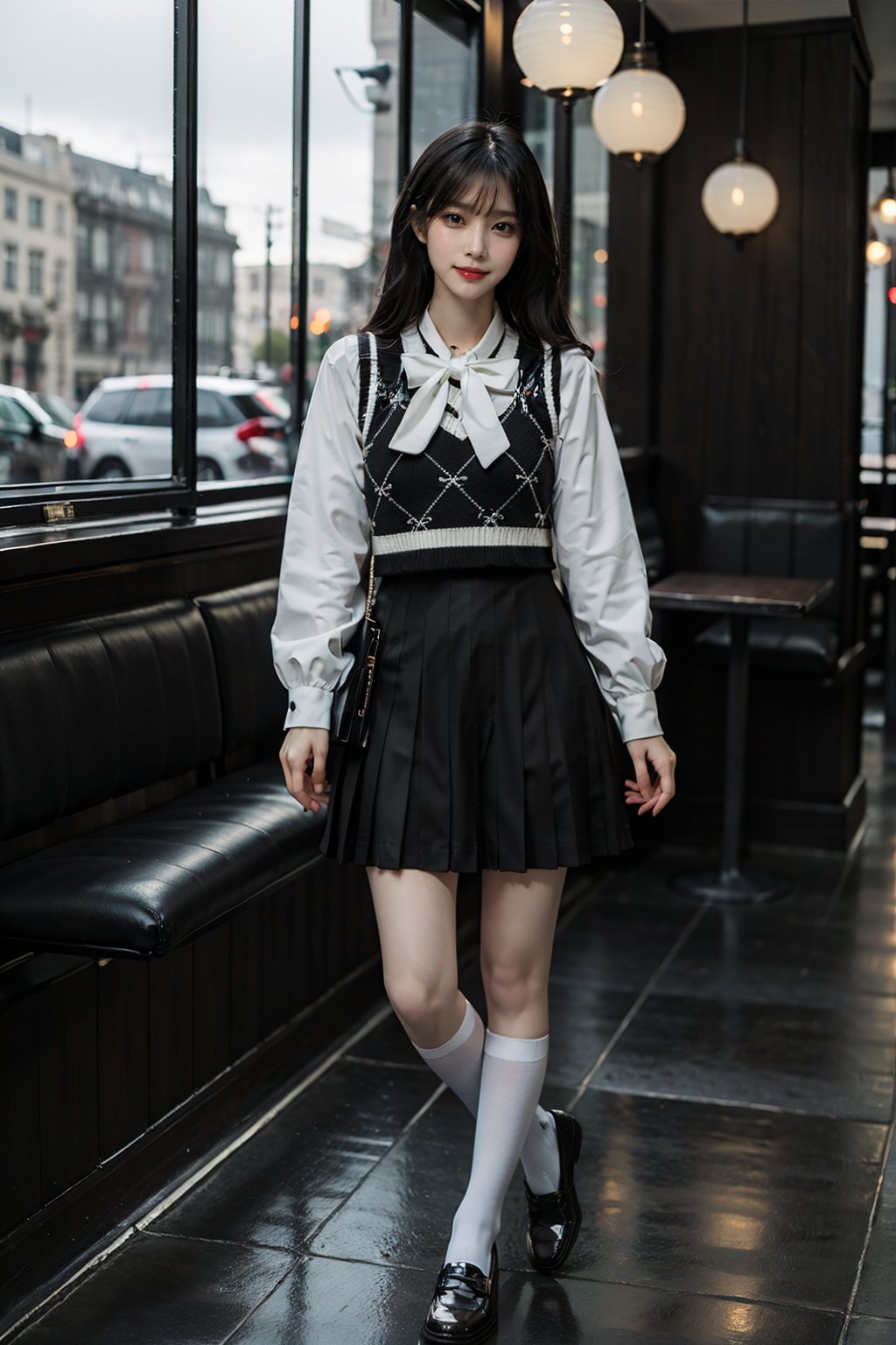 best quality, quality, masterpiece, photorealistic, standing, 1girl, solo, full body, slime girl, dating attire, socks, black shoes, in cafe, detailed background, indoors, window, night, <lora:dating_attire_style1_v1:0.75> 