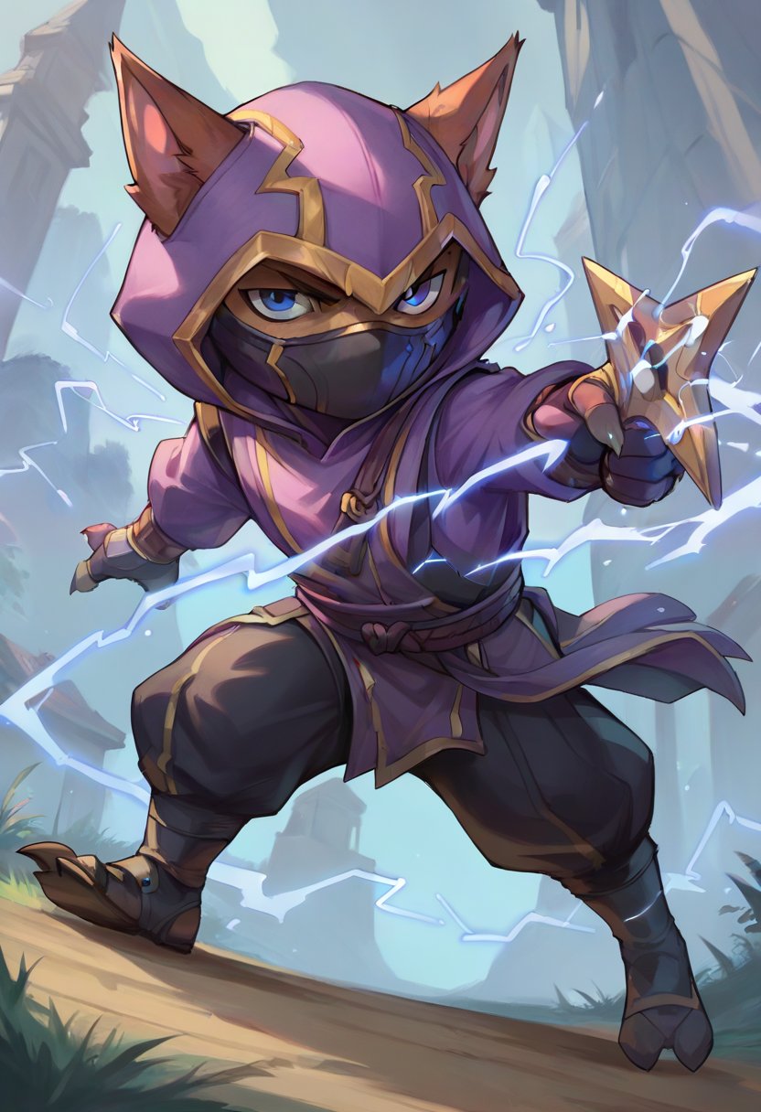 score_9, score_8_up, score_7_up, score_6_up, 1boy, solo, k3nn3n, hood, mask, yordle, solo, 1boy, male focus, hood up, blue eyes, pants, gloves, outdoors, looking at viewer, solo, weapon, shuriken, electricity, <lora:Kennen_Default_v2-000028:0.7>