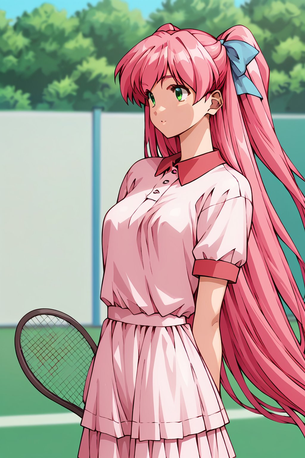 score_9, score_8_up, score_7_up, score_6_up, score_5_up, score_4_up, source_animesaeki kanako, 1girl, pink hair, green eyes, very long hair, two side-up, hair ribbon, blue ribbon, solo, tennis uniform, kanako_tennis, cowboy shot, hands behind back,masterpiece, perfect face, best quality, beautiful girl, blurry background, cute girl, beautiful eyes, shiny eyes, anime coloring, anime screencap, absurdres, outdoors. <lora:saeki kanako auti 822:0.8>