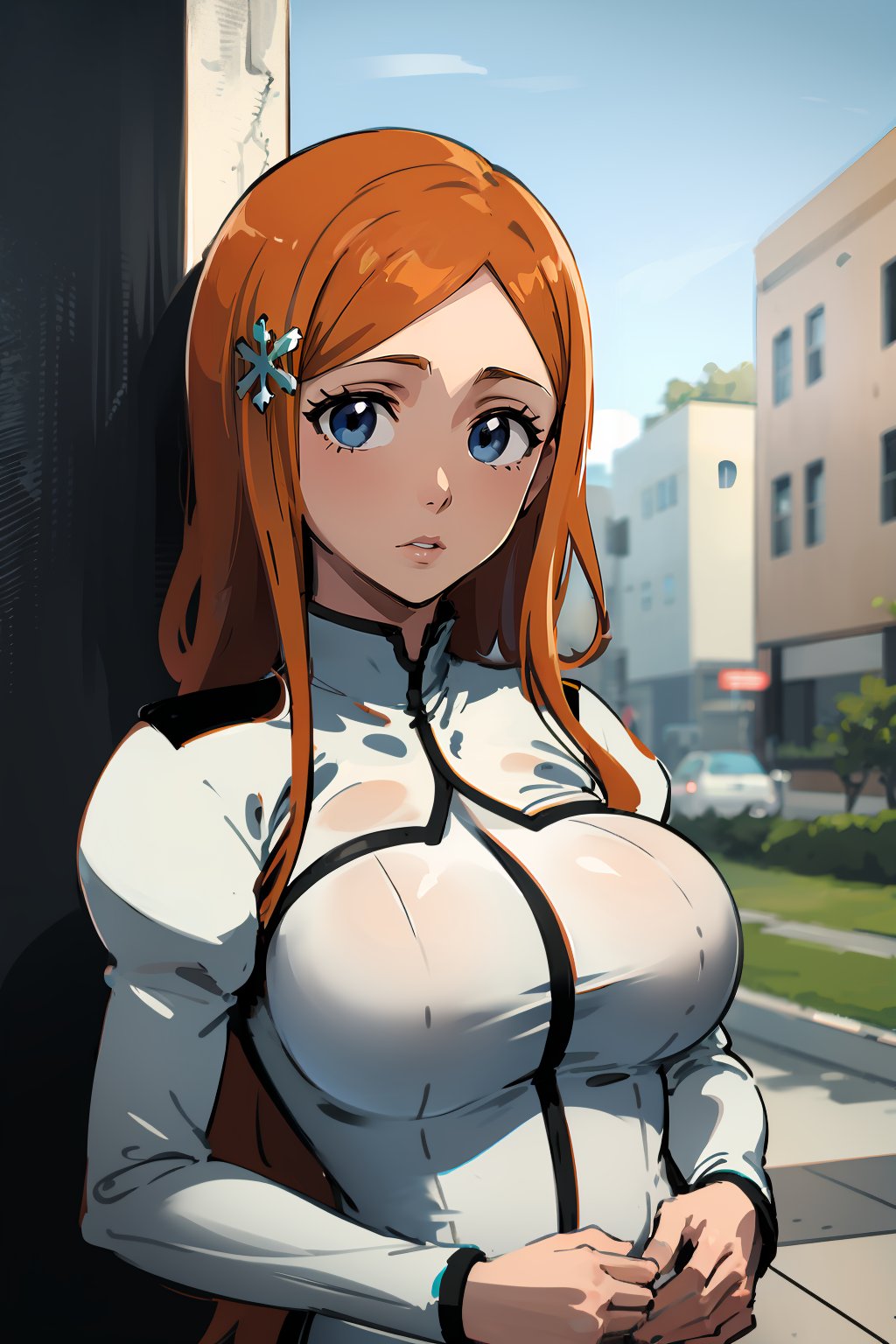 masterpiece,high quality,highres,1girl,solo,large breasts,<lora:orihime-v4-wasabiya:1>,orihime,hair ornament,orange hair,white uniform,