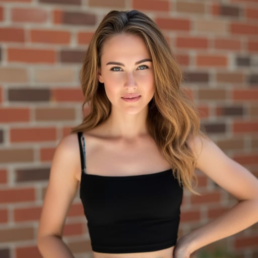 A high-resolution photograph of a beautiful 22-year-old Caucasian woman with light brown hair and green eyes standing outdoors in front of a brick wall on a summer day. The woman is wearing a black crop top.