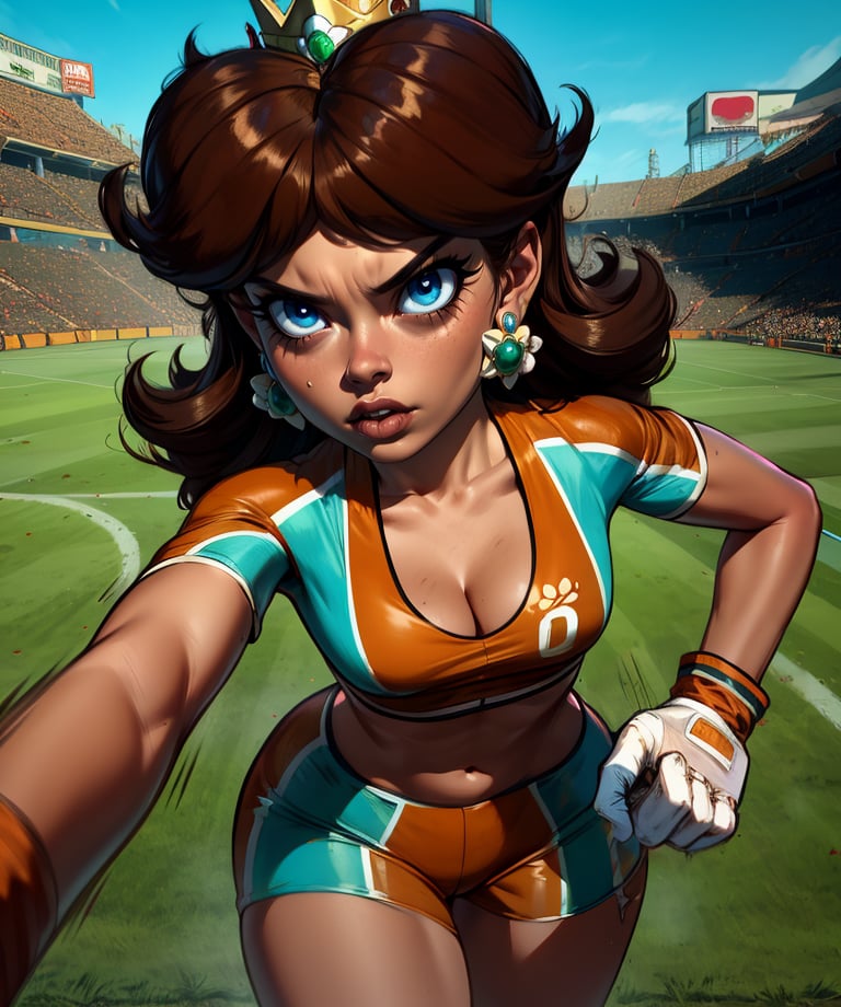 Daisy,brown hair,blue eyes,flower earrings,small crown,brown skin,soccer uniform,short sleeves,white gloves,orange shorts,midriff,8,cleavage,serious,walking,motion lines,teeth,soccer field,science fiction,outdoors,(insanely detailed, masterpiece, best quality),<lora:Daisy-11SMSv9:0.9>,cinematic_angle,