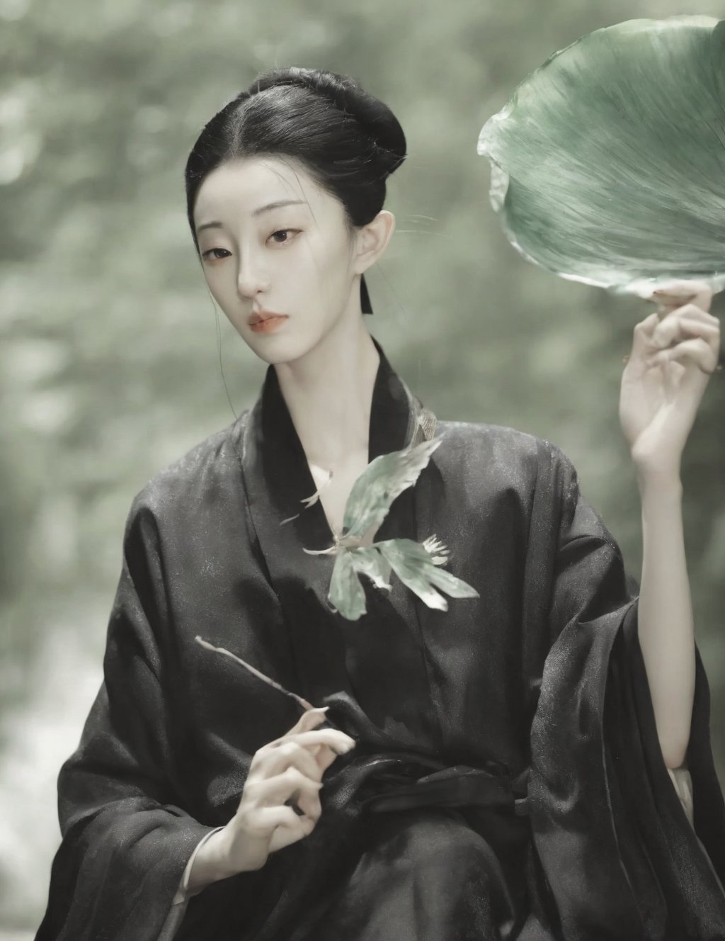 1girl,hanfu,woman,(masterpiece, best quality:1.2, ),a woman in a black dress holding a large leaf,jingna zhang,by Zhang Shuqi,eiko ishioka,by Lin Tinggui,by Kim Tschang Yeul,donglu yu,wei wang,inspired by Lin Tinggui,wenfei ye,by Zou Yigui,by Wu Zuoren,by Wang Duo,chengyou liu,<lora:Orient_XL:1>,