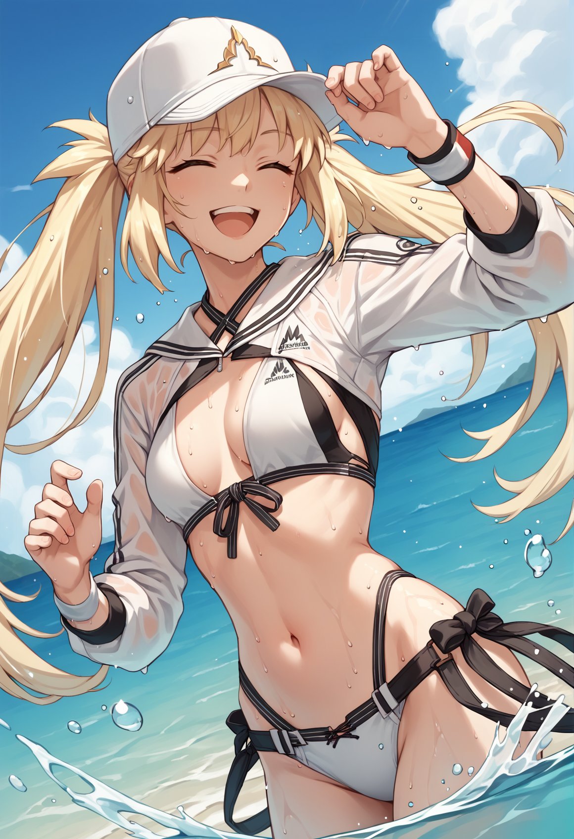 1girl, blonde hair, long hair, green eyes, twintails, swimsuit, white bikini, baseball cap, cropped jacket, shrug \(clothing\), long sleeves, wristband, smile, submerged, dutch angle, cowboy shot, beach, sea, splashing, closed eyes, smile, open mouth, sweat, wet, looking at viewer,  <lora:Castoria:0.8>, score_9, score_8_up, score_7_up, score_6_up, score_5_up, score_4_up, BREAK source_anime, masterpiece