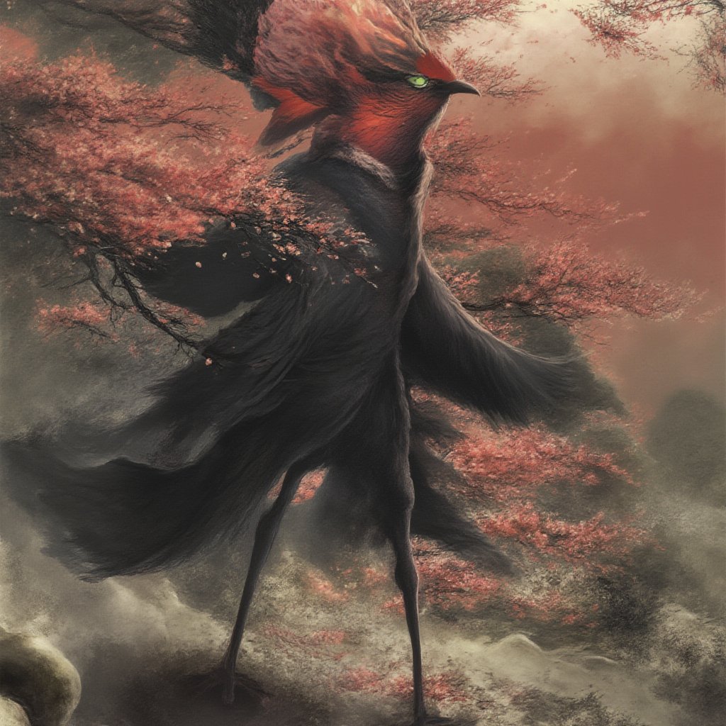 Illustration of a majestic crow with elongated legs, wearing traditional Japanese tengu attire, including a red mask and flowing robes, set against a backdrop of vibrant cherry blossoms and a misty mountain landscape, with the crow gazing confidently into the distance., surreal, lowbrow art style, <lora:LowBrowF1D:1>