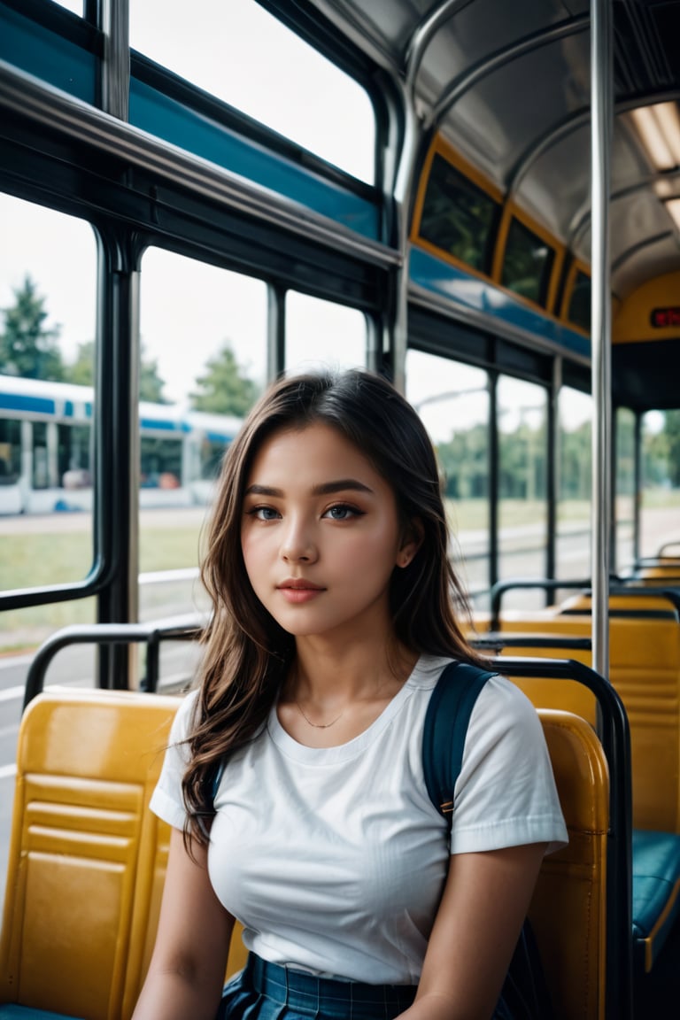 cute girl sitting on a bus, natural lighting from window, 35mm lens, soft and subtle lighting, girl centered in frame, shoot from eye level, incorporate cool and calming colors