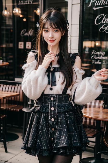 best quality, masterpiece, 1girl, solo, black hair, long hair, straight hair, looking at viewer, smile, standing, cowboy shot, dating attire, sweater, white sweater, bow sweater, shoulder cutout, skirt, buttons skirt, suspender skirt, pantyhose, in cafe, coffee, people, detailed background, <lora:dating_attire_style8_v1:0.7>, <lora:Background Detail Enhanced_Si_v3.0:1.5>