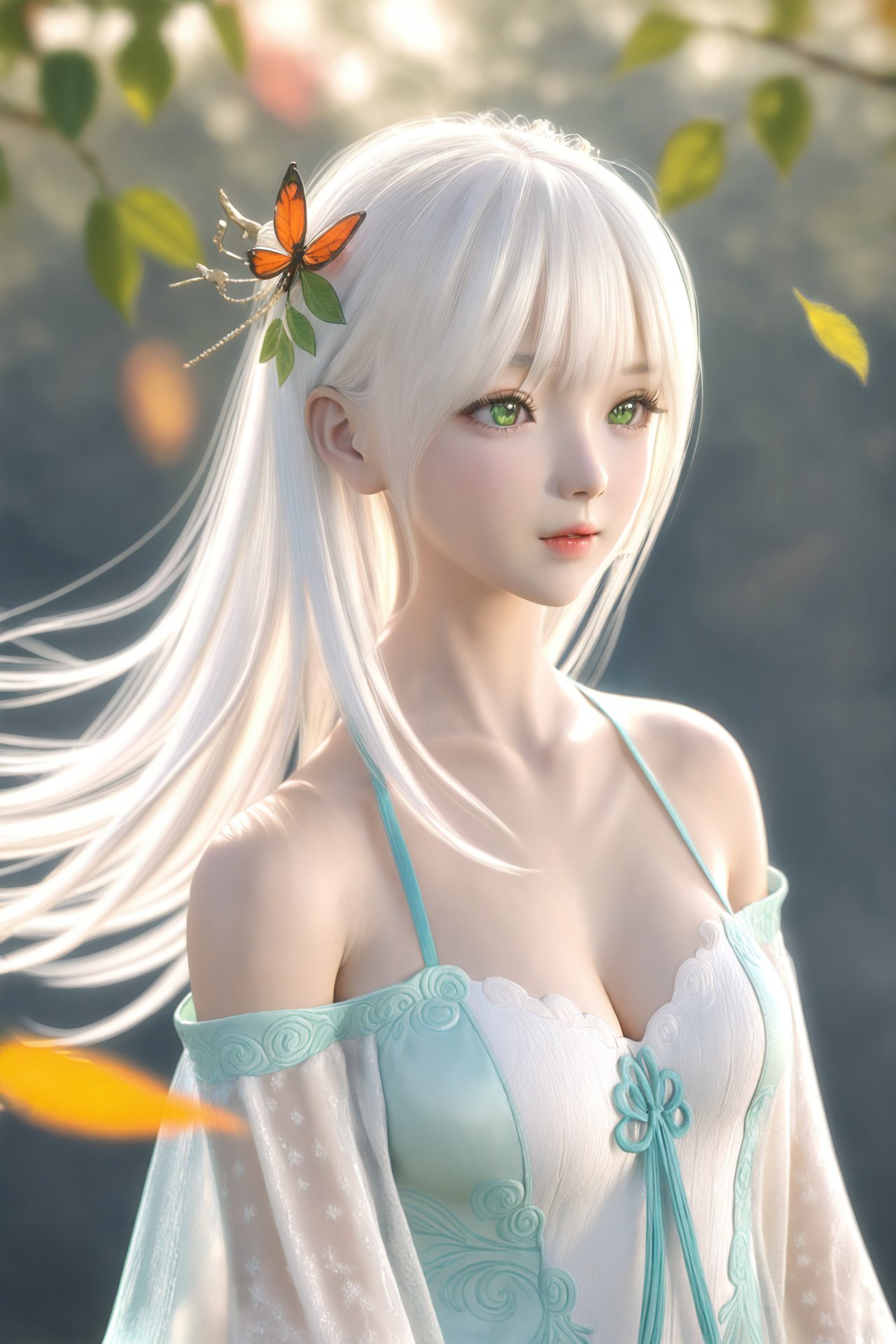 (masterpiece),(best quality),illustration,ultra detailed,hdr,Depth of field,(colorful),realistic,loli,1girl,solo,long hair,green eyes,blonde hair,hair ornament,bare shoulders,hanfu,breasts,dress,chinese clothes,white hair,upper body,leaf,bug,cleavage,white dress,