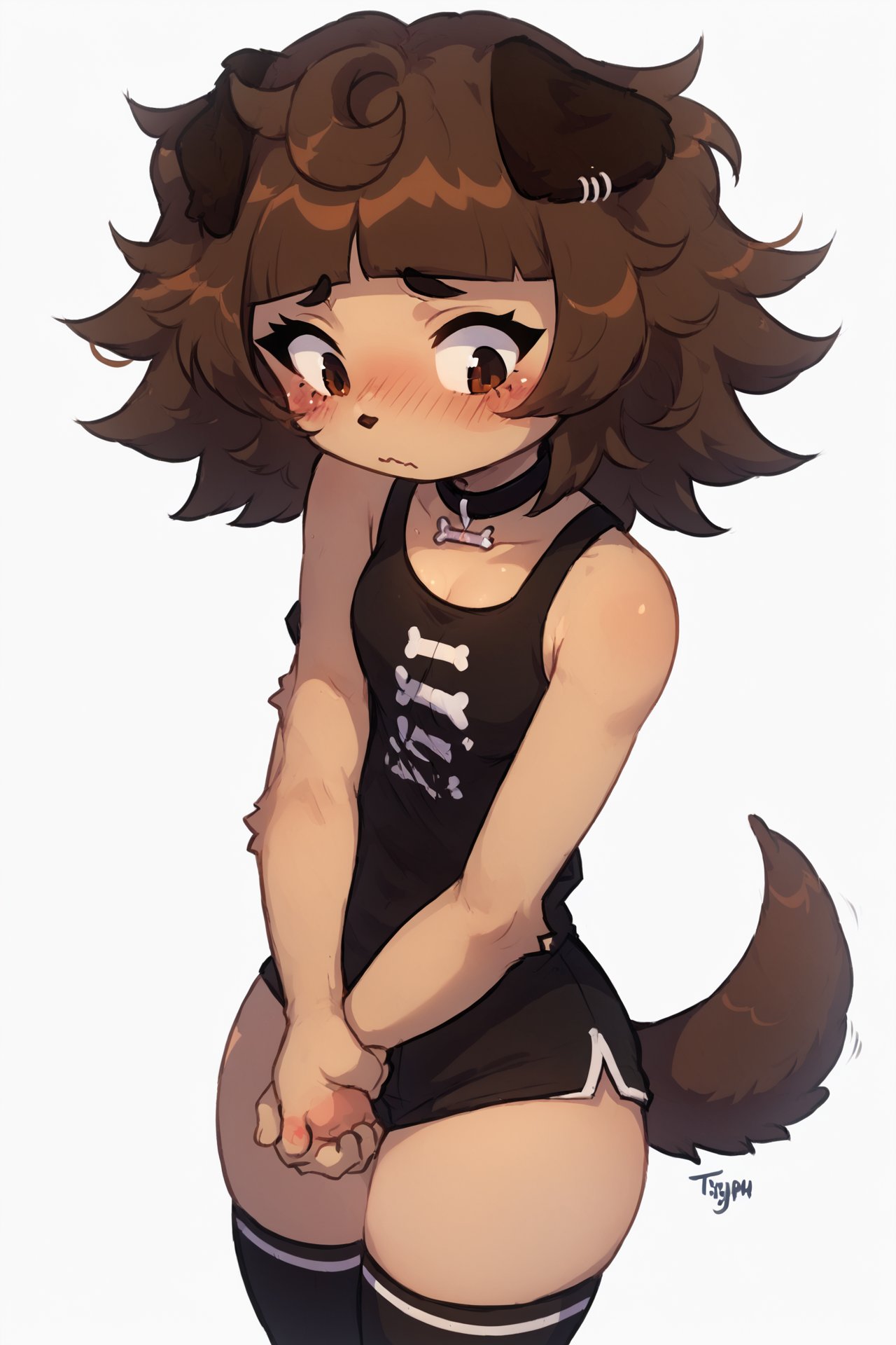 score_9, score_8_up, score_7_up, solo, 1girl, dog tail, animal ears, animal ears, brown eyes, mimi, black tank top, black crop top, brown hair, thighhighs, choker, tail, white background, standing up, legs together, shy, holding arm, looking down, extreme blush, (mid riff:0.8), (black miniskirt:1),  <lora:Smooth Anime Style LoRA XL:1>  <lora:mimi_typh_2:1>