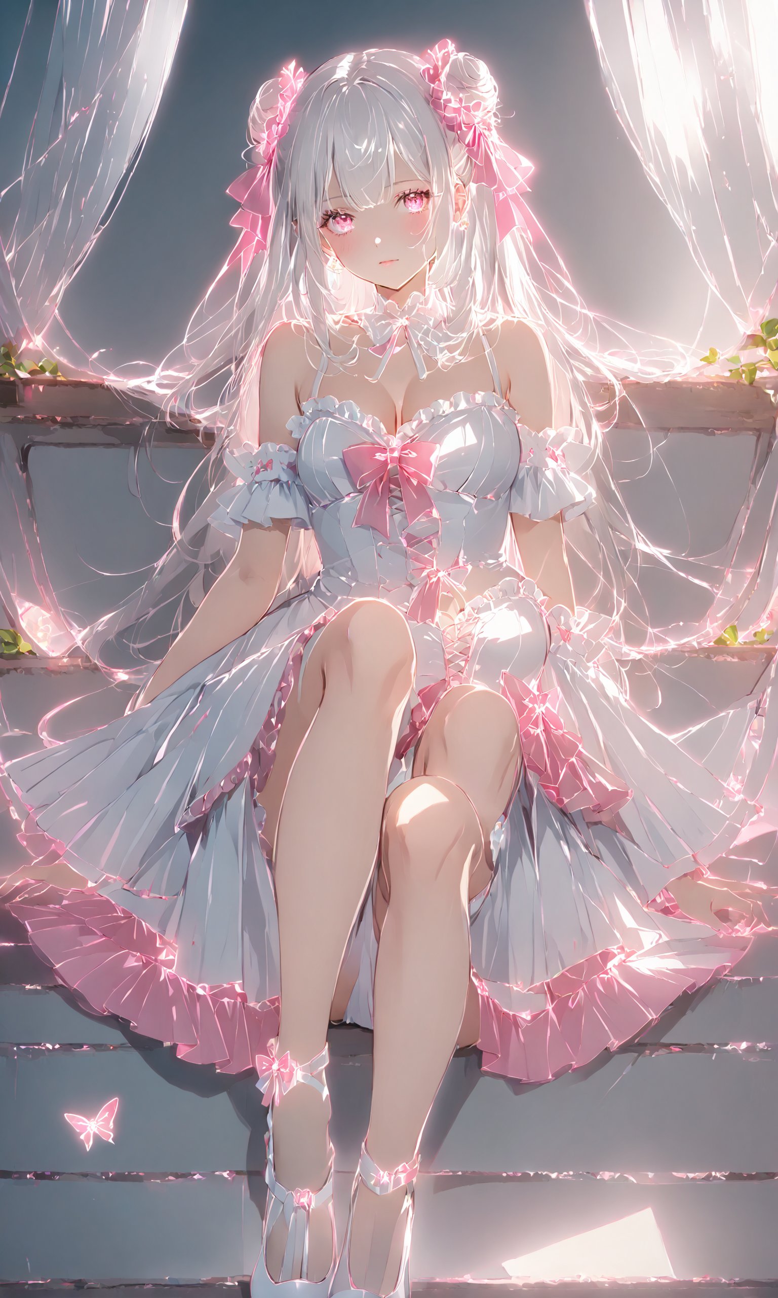 1girl, solo, long hair, breasts, looking at viewer, blush, bangs, skirt, hair ornament, red eyes, bow, ribbon, cleavage, hair between eyes, bare shoulders, very long hair, closed mouth, full body, ass, flower, white hair, hair bow, thighs, lying, frills, detached sleeves, pink eyes, hair bun, nail polish, high heels, double bun, thigh strap, on side, white footwear, pink bow, masterpiece, best quality, score_9, score_8_up, score_7_up, <lora:Poutlines-XLoRA:0.85>