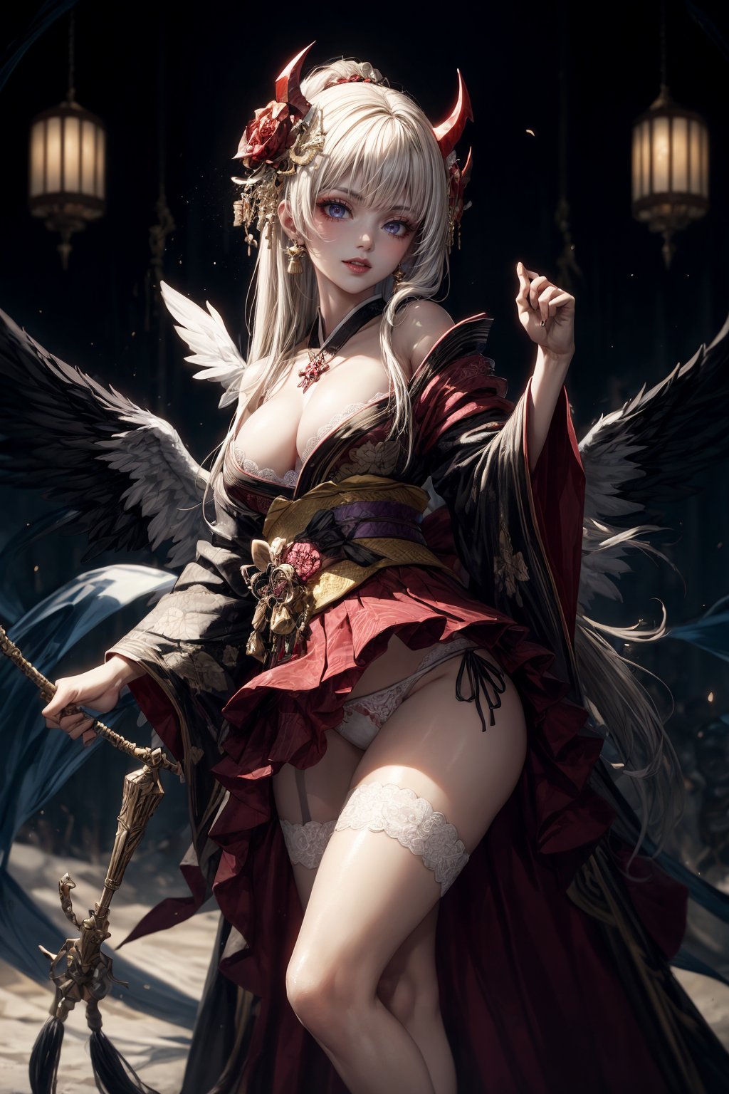 ((Masterpiece,  Top Quality,  High Resolution)),  8K,  Breach. Cruel,  Cosmic Fallen Angel Devil,  Cruel,  Evil,  Fine Eyes: 1.3,  Breach,  Fine Face: 1.3,  Accessories,  (Full Body Tribal Tattoo),  ((Super Fine Armor Kimono & White Lace Skirt)),  ((Upskirt)),  ((Pretty Panties)),  D-Cup Cleavage,  Breach,  Creature Luminous,  creepy,  Re, .HELL SENT,  very bright colors,  light particles: 1.2,  glowing light,  Mshiff,  wallpaper art,  inorganic life form,  inorganic object made of gold,  red and white,  UHD wallpaper,  cowboy shot,  evil glow,  evil laugh,  kianna kasurana,  YAMATO,  rolopekka noelledef,  outfit-km,  purple dress,  yaemikodef,  monadef,  kamisatoyakadef,  alexia_olis,  arlecchino,  phlg,<lora:EMS-179-EMS:0.500000>,<lora:EMS-1093-EMS:0.200000>,<lora:EMS-63140-EMS:0.200000>