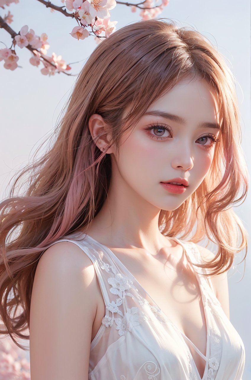 cowboy shot, Light pink hair, pink eyes, pink and white, sakura leafs, vivid colors, white dress, paint splash, simple background, ray tracing, wavy hair,, RAW photo, (masterpiece:1.3), (high quality:1.4), (intricate, high detail:1.2), realistic,<lora:Asian GF Mix v2.7.b:1><lora:Asian GF Mix v2.7.b:1><lora:Asian GF Mix v2.7.b:1><lora:Asian GF Mix v2.7.b:1>