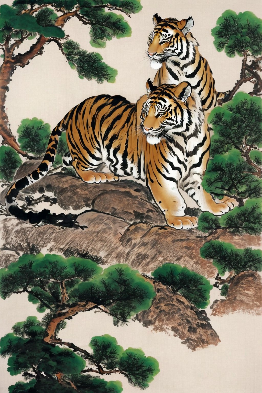 <lora:AgainChineseInkPainting:1>,AgainChineseInkPainting, tiger, no humans, animal focus, branch, animal, traditional media, tree, looking at viewer, chinese ink painting, lying, border, chinese zodiac, rock, on side, white background, full body, painting \(medium\)