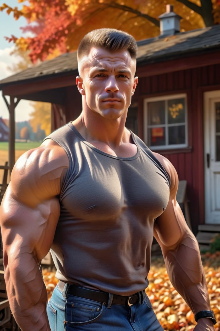 masterpiece of photorealism, photorealistic highly detailed professional 8k raw photography, best hyperrealistic quality, volumetric real-time lighting and shadows, Steadicam Shot, Male Photographer, Bodybuilder's Body Shape, 80s Video Game Arcade Shirt, Fade Haircut, Resting Chin on Hand, Rural Farmhouses in Autumn Colors, background full of busy people