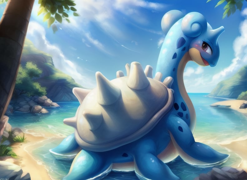 Masterpiece,high quality,beautiful landscape,(lapras:1.1),no human,happy,smooth body,blue skin,Pale yellow abdomen,Rocky shell ,Curled ears,flipper,Short tail, pokemon/(creature),shy,bubble,tree,back