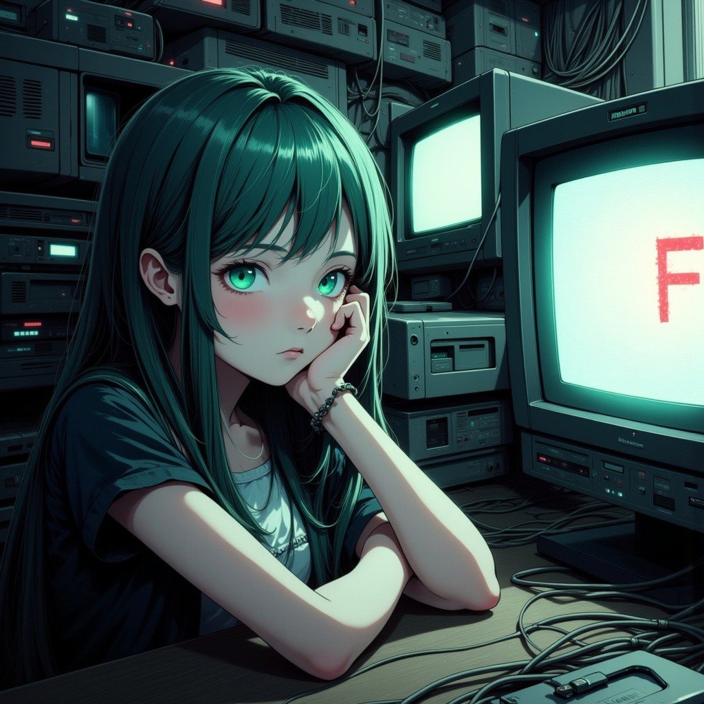 The image is a highly detailed, digital artwork in a cyberpunk style, featuring a young woman with long, straight, teal-colored hair and large, expressive green eyes. She is leaning on a desk, resting her chin on her hand, with a contemplative or slightly melancholic expression. She is dressed in a dark, short-sleeved shirt and has a small, delicate bracelet on her left wrist. In front of her, there's a cluttered workspace filled with various electronic devices and screens. The desk is occupied by an old-fashioned CRT monitor displaying a cryptic, pixelated image with the word "F" in red, indicating a possible error message.