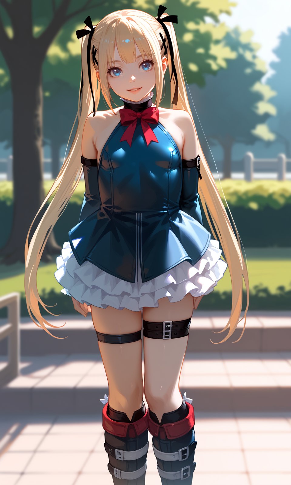 score_9, score_8_up, score_7_up, score_6_up, BREAK1girl, marierose, 1girl, bare shoulders, black ribbon, blonde hair, blue eyes, huge breasts, boots, choker, detached sleeves, black dress, upper body, hair ribbon, long hair, looking at viewer, marie rose, ribbon, smile, solo, standing, thigh strap, twintails, very long hair,outdoors, gate, park, masterpiece, best quality, absurdres, <lora:MarieRose_Pony:1> 